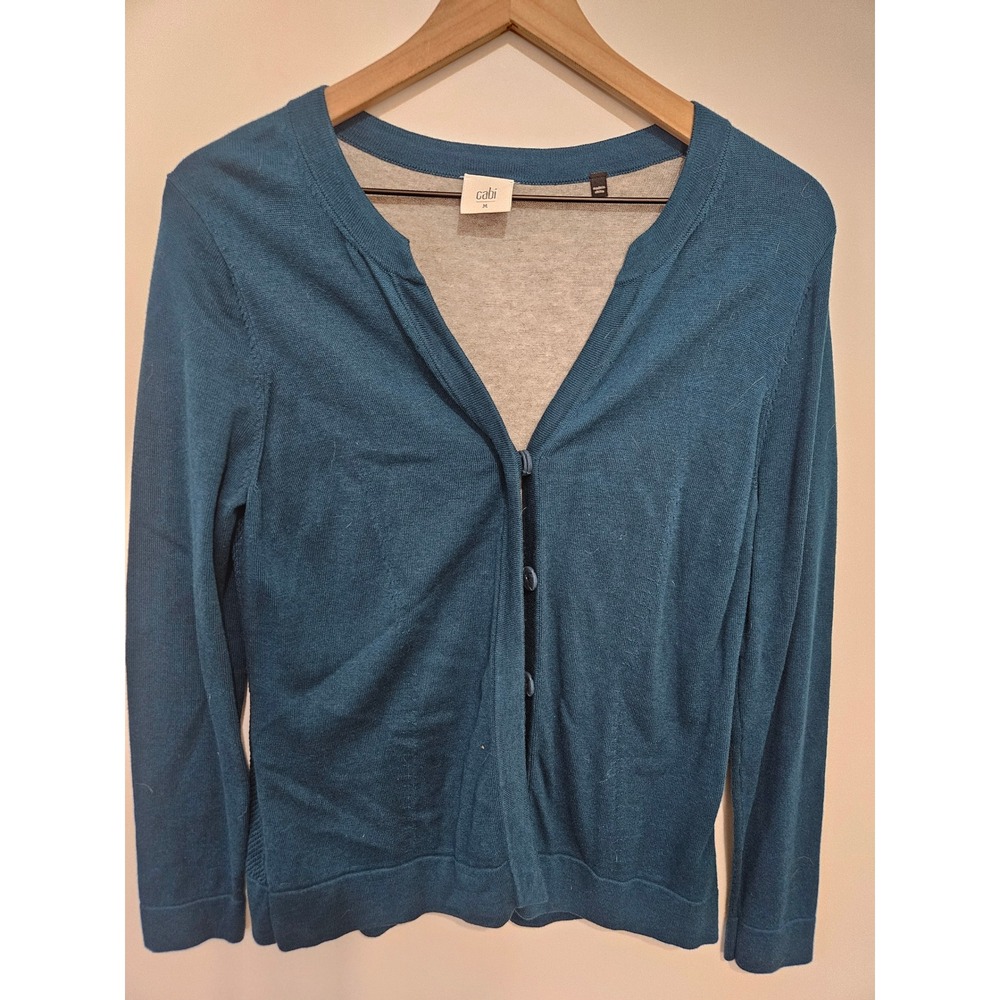 Cabi Womens Teal Blue Button Front Cardigan Sweater Pointelle Back Mesh Knit M